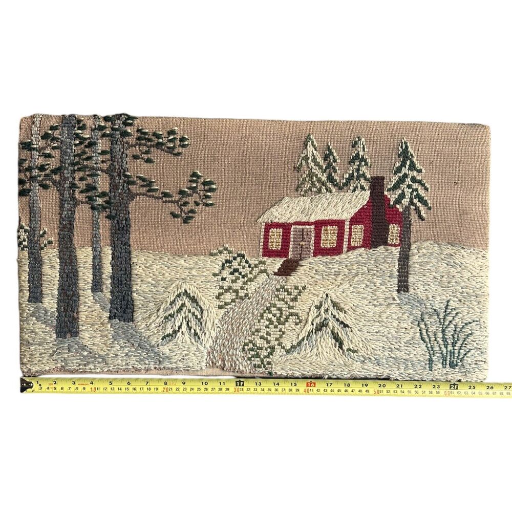 VTG Winter Snow Embroidery Crewel Scene Art Wall Decor Cabin Lodge Primitive